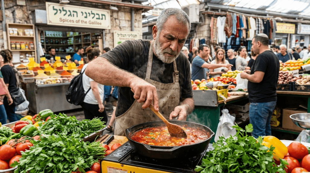 Israeli chef prepares Shakshuka in Jerusalem market, surrounded by shoppers.