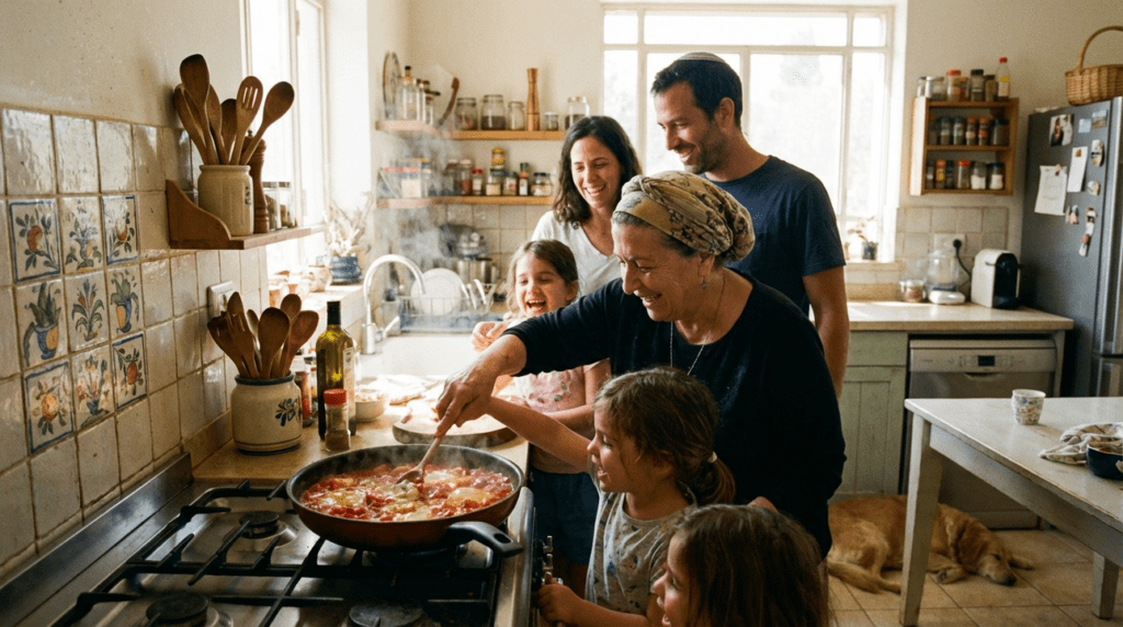 Family of multiple generations cooking shakshuka in a sunny kitchen.