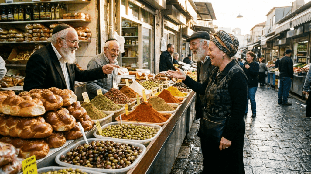 Jerusalem market scene with challah, spices, olives, and locals.