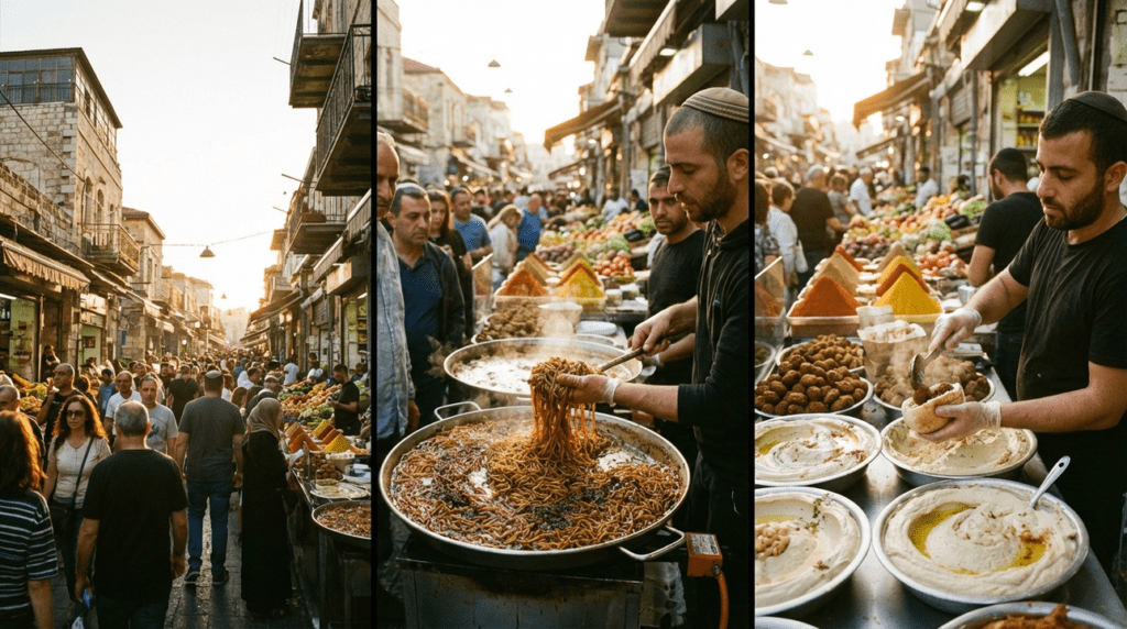 Street food vendor prepares Jerusalem Kugel in a bustling market.