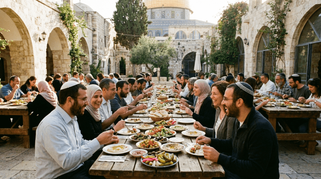 Diverse group sharing a meal in a Jerusalem courtyard.