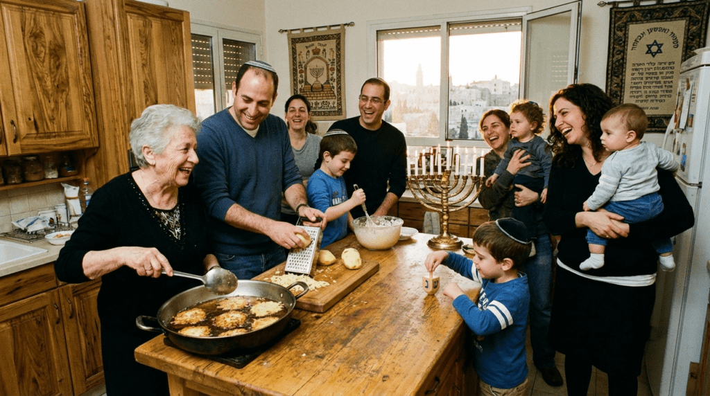 Family of multiple generations cooking latkes in a decorated kitchen.