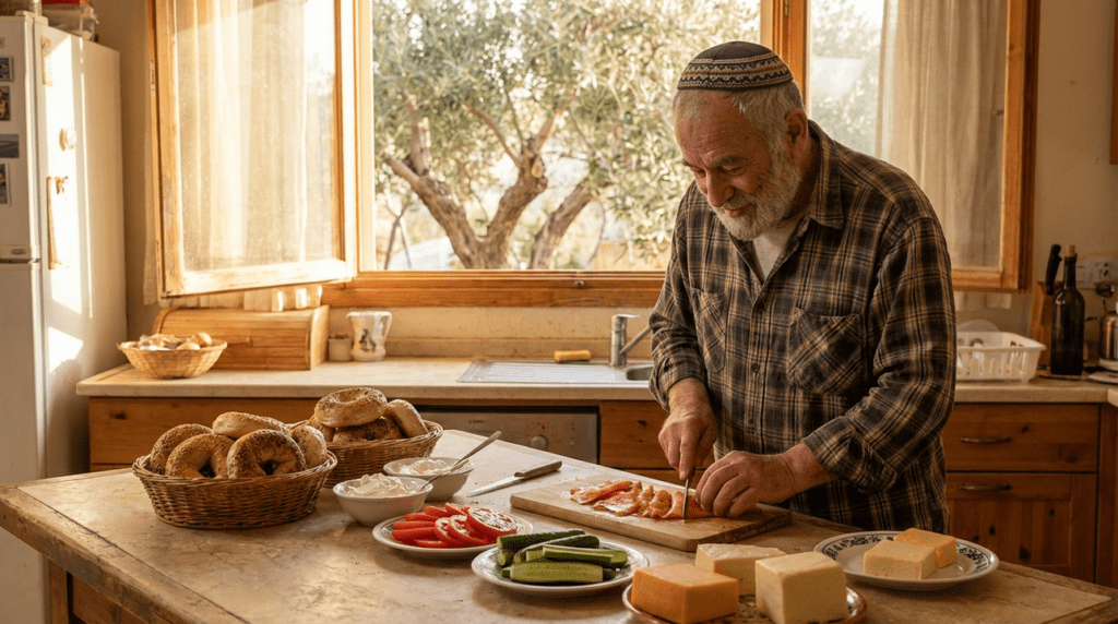 Elderly Jewish man wearing a kippah prepares breakfast in sunny kitchen.