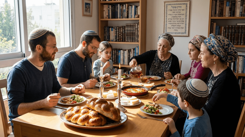 Family in traditional head coverings gathered for Shabbat breakfast.