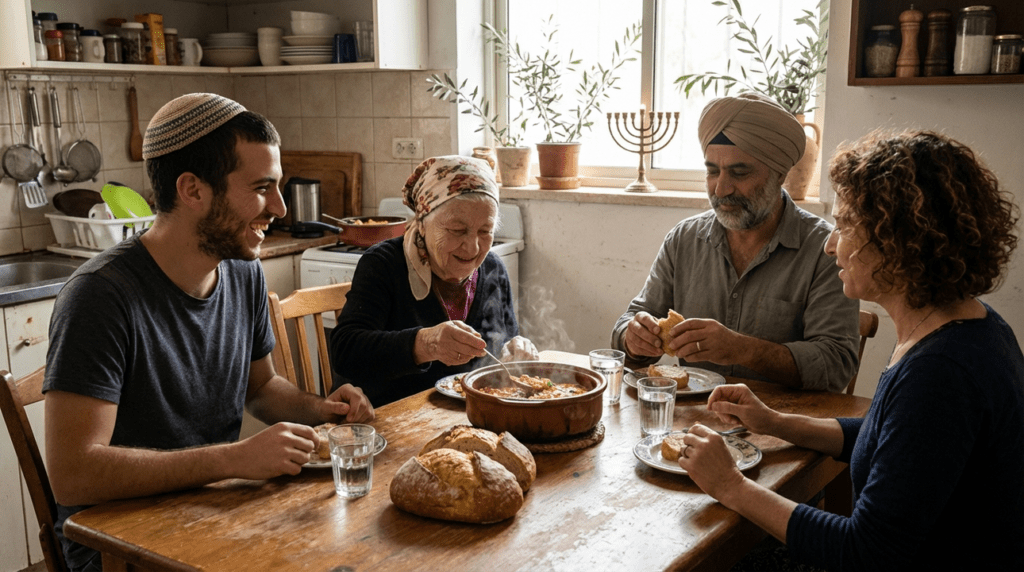 Diverse group sharing shakshuka in a traditional Israeli kitchen.