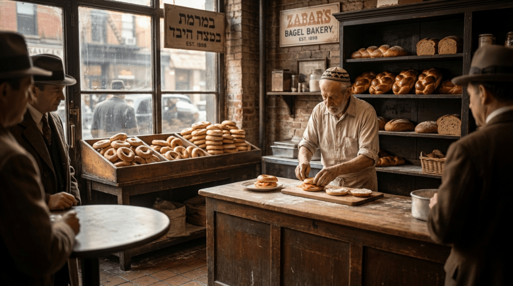 Elderly Jewish baker prepares bagels in a traditional shop interior.