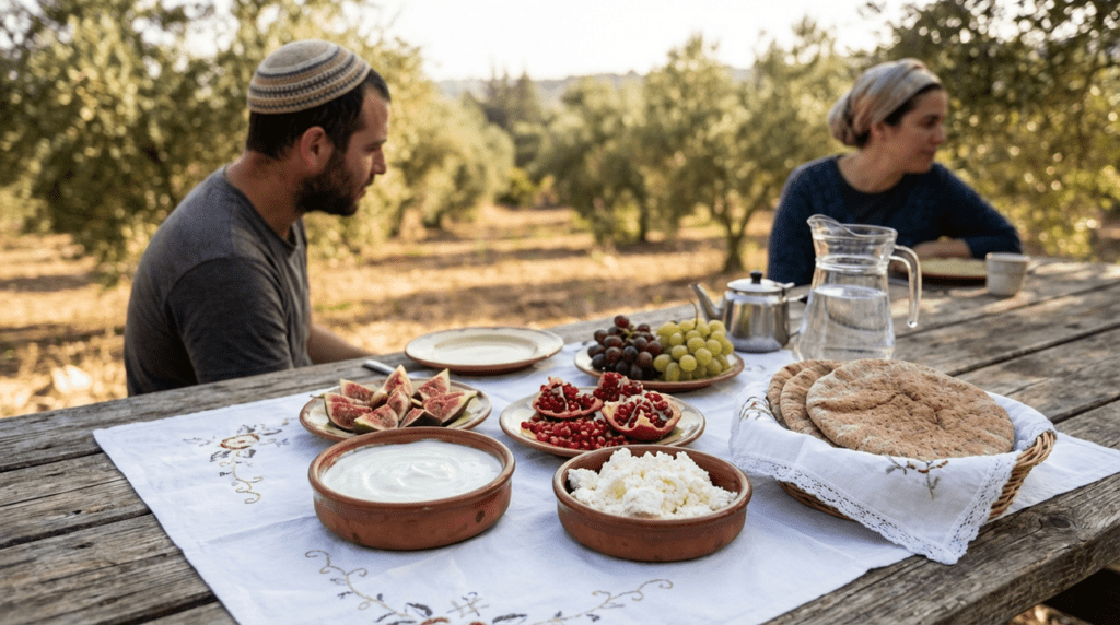 Traditional Jewish breakfast on wooden table in olive grove.