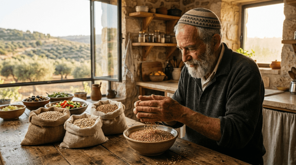 Elderly Jewish man preparing breakfast with grains in a rustic kitchen.