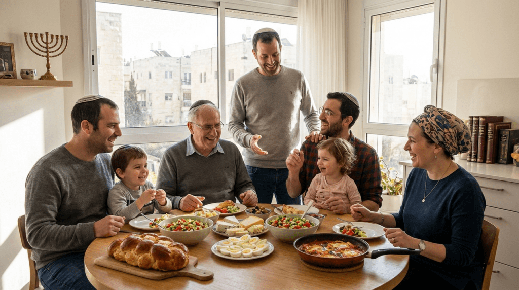 Family enjoying a traditional Jewish breakfast in a sunny kitchen.