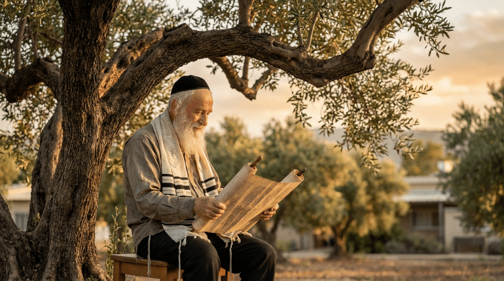 Elderly Jewish man reading Torah under olive tree at sunset.