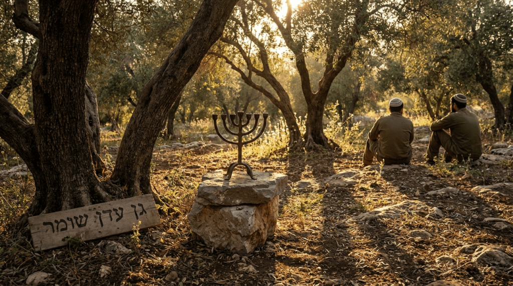 Menorah among olive trees in Israel during golden hour.