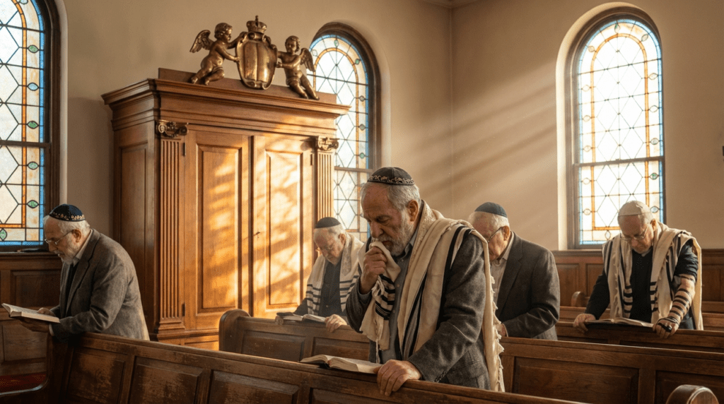Ark with cherubs in synagogue, elderly men praying under soft light.