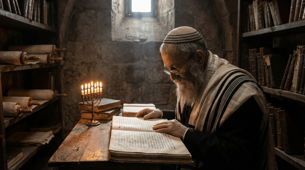 Elderly Jewish scholar studying the Zohar in an ancient library.