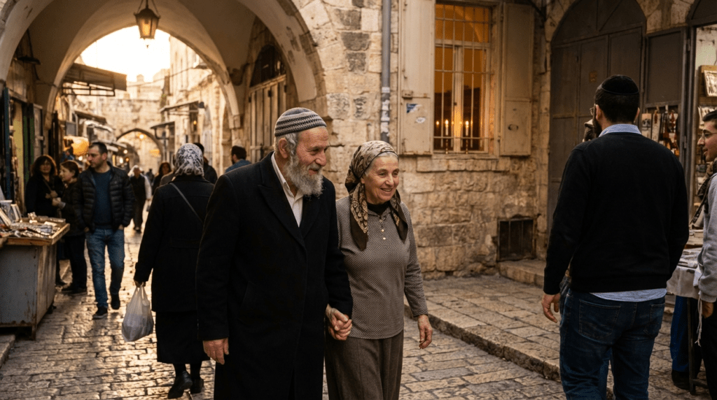 Elderly Jewish couple walking hand-in-hand in Jerusalem's cobbled streets.