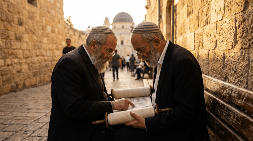 Elderly Jewish man reads Torah by Jerusalem's stone walls at dusk.