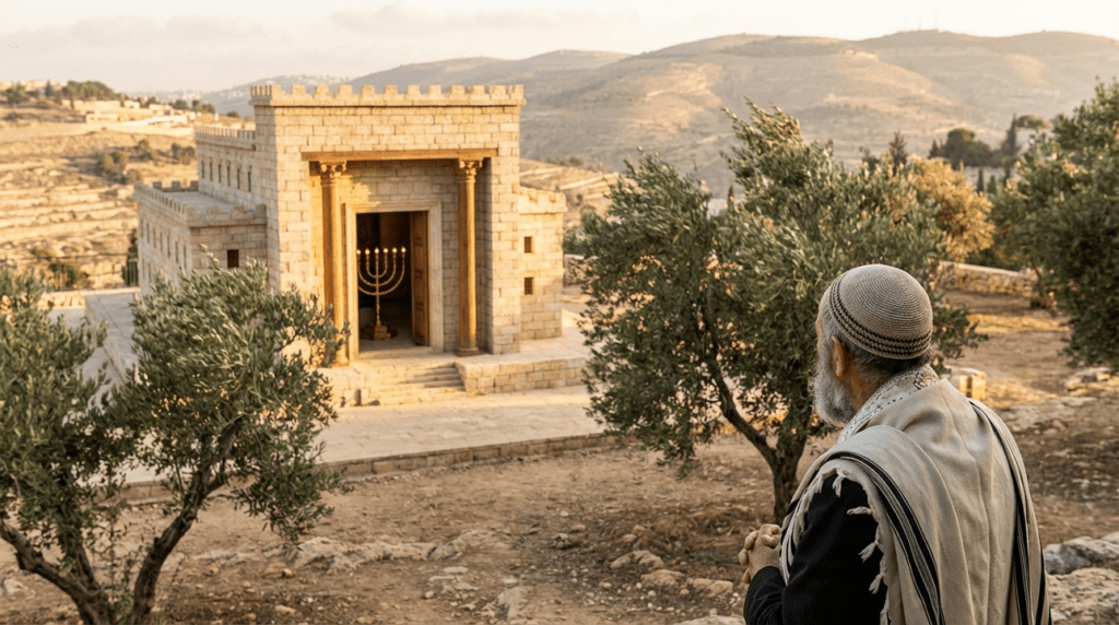 Model of Solomon's Temple at sunrise with menorah, observer in kipa, and olive trees.
