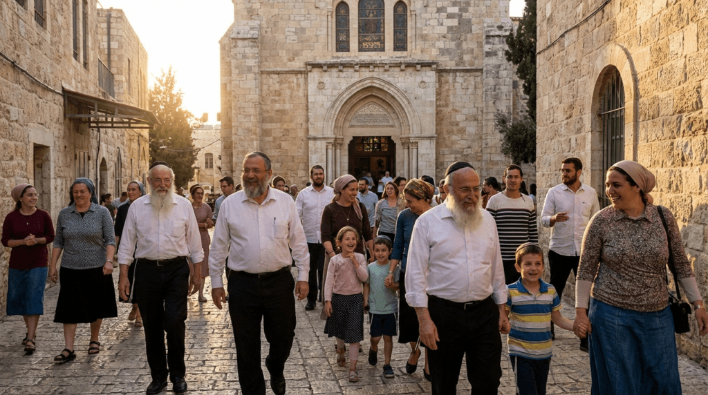 Group of Jewish people walking towards a traditional synagogue at sunset.