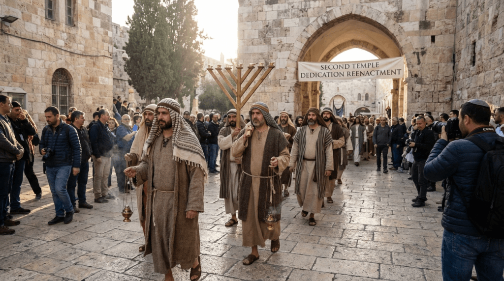 Participants in traditional Jewish attire reenact Second Temple dedication in Jerusalem.