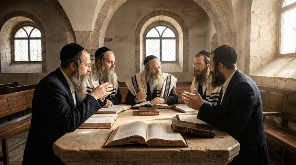 Jewish men in traditional attire discussing texts in a synagogue.