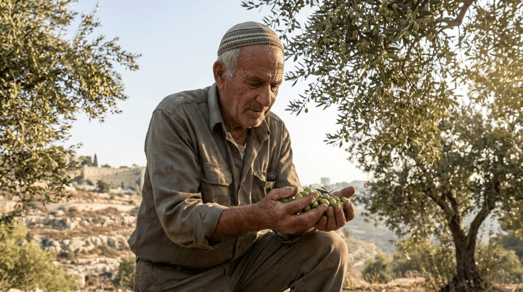 Elderly Israeli man in traditional attire inspecting olives in grove.