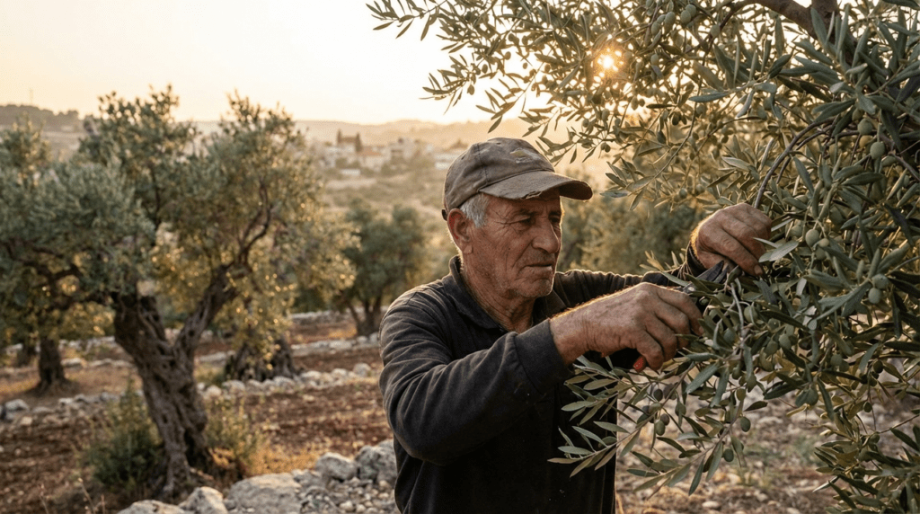 Elderly farmer tending olive trees in Jerusalem hills at sunset.