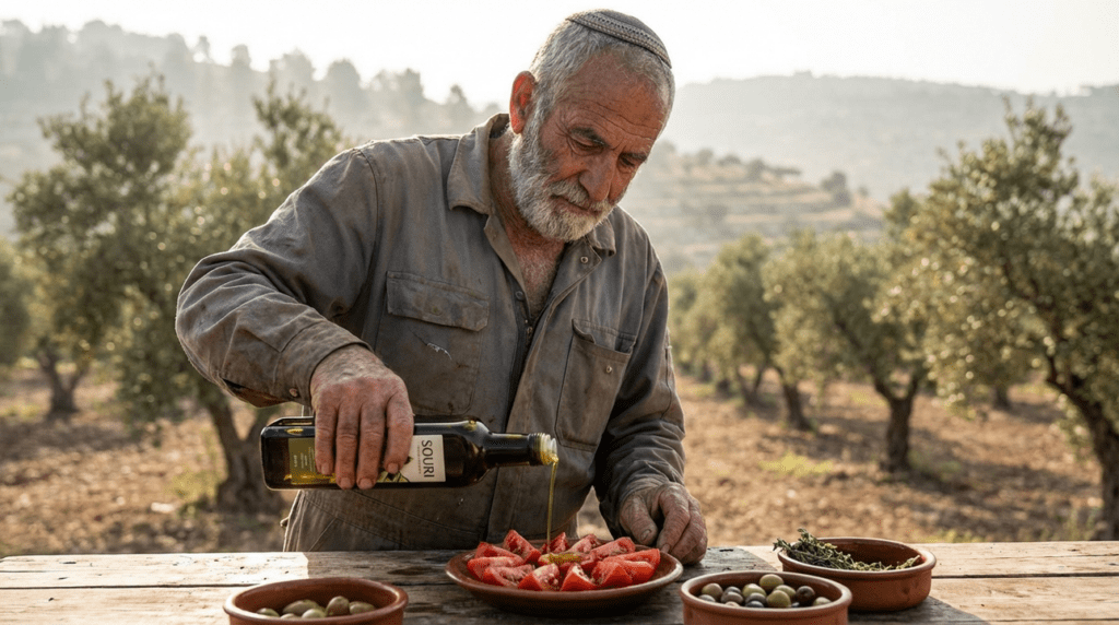 Elderly Israeli man pouring olive oil on tomatoes in grove.