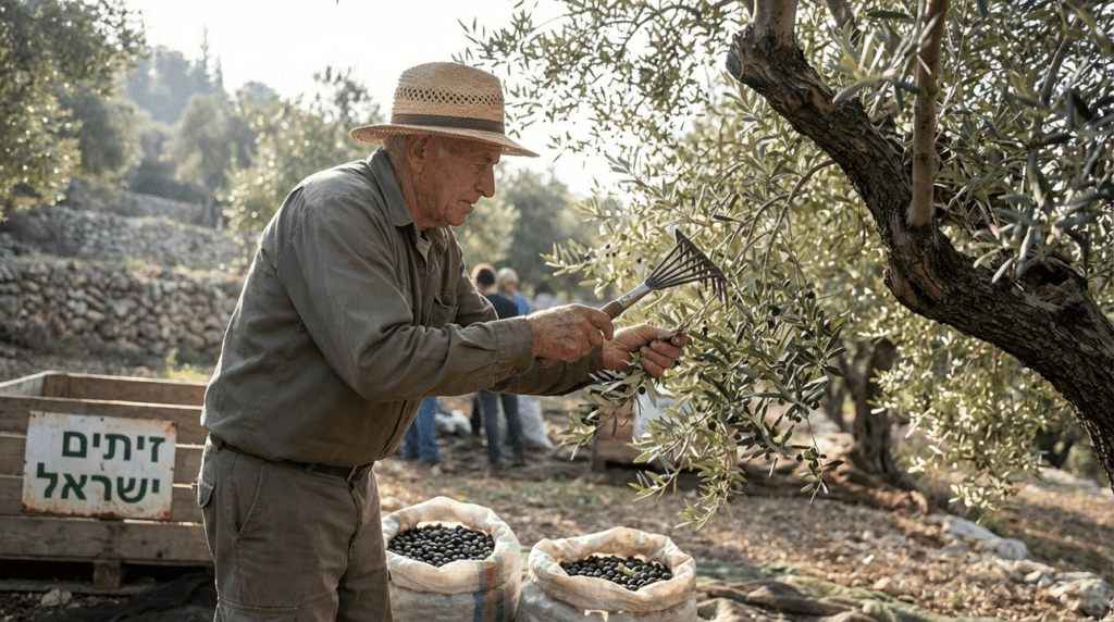 Elderly Israeli farmer harvesting olives in a sunlit grove.
