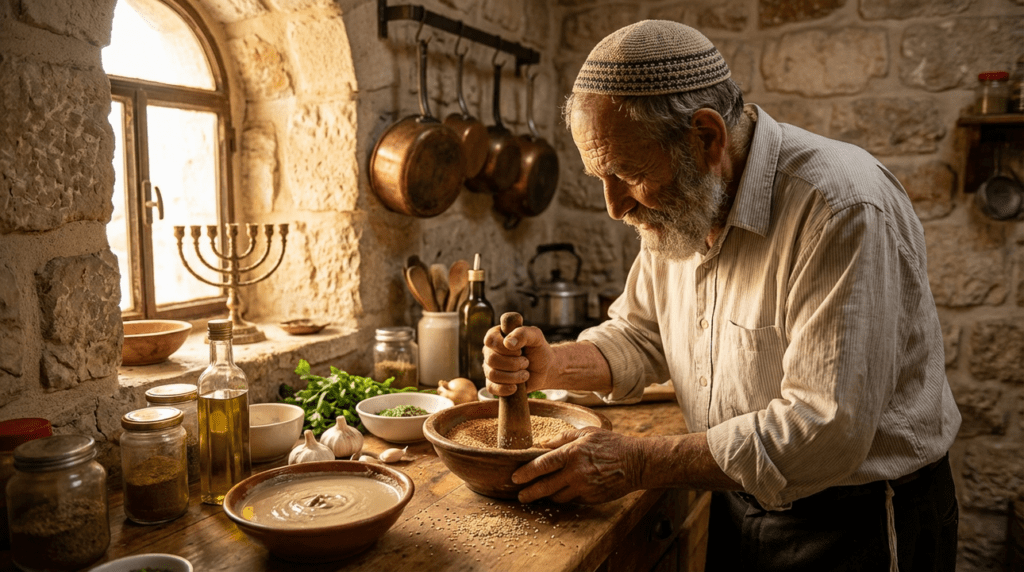 Elderly Jewish man preparing tahini in a traditional Jerusalem kitchen.