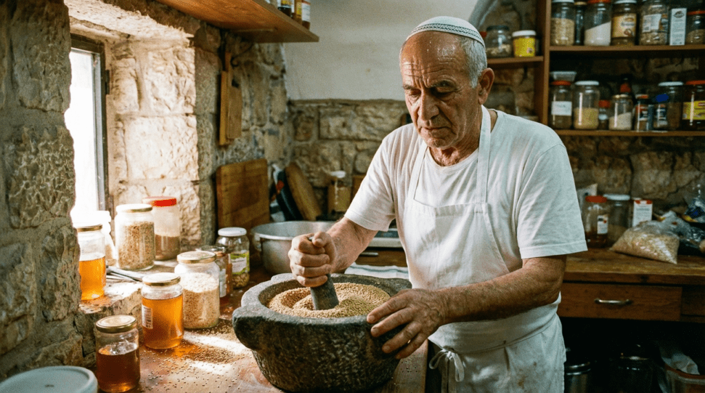 Elderly Israeli chef grinds sesame seeds in a rustic kitchen.