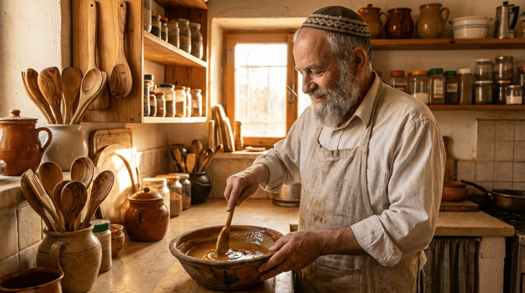 Elderly Jewish man making tahini with honey in rustic kitchen.