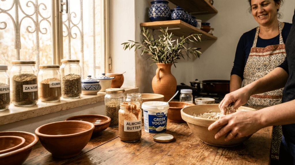 Traditional Israeli kitchen table with almond butter, yogurt, and spices.