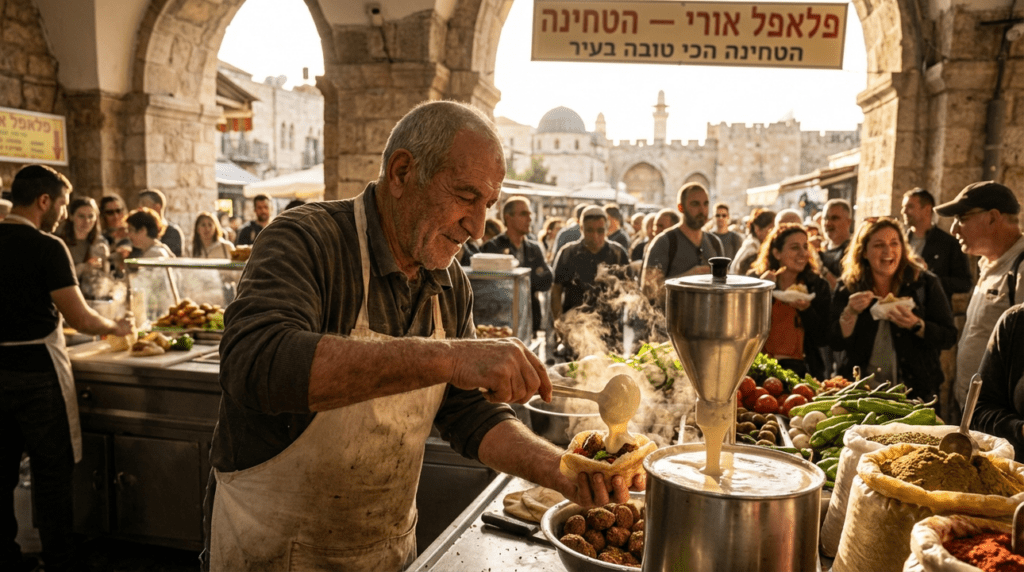 Elderly vendor preparing falafel at a bustling Israeli market.