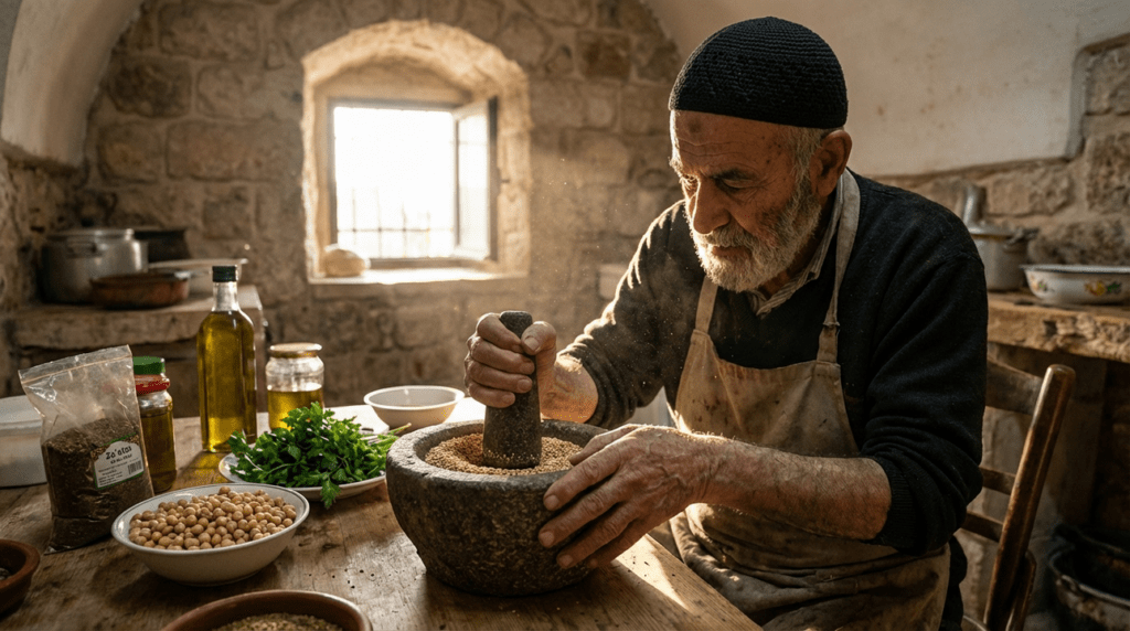 Elderly Jewish man making tahini in a traditional Jerusalem kitchen.