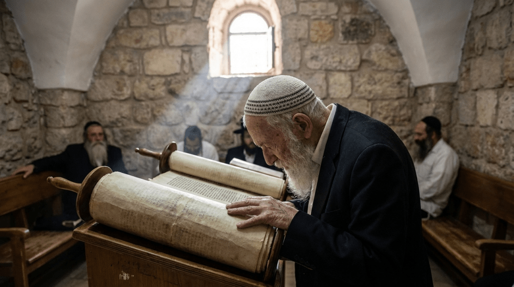 Elderly Jewish man reads Torah in a sunlit Jerusalem synagogue.