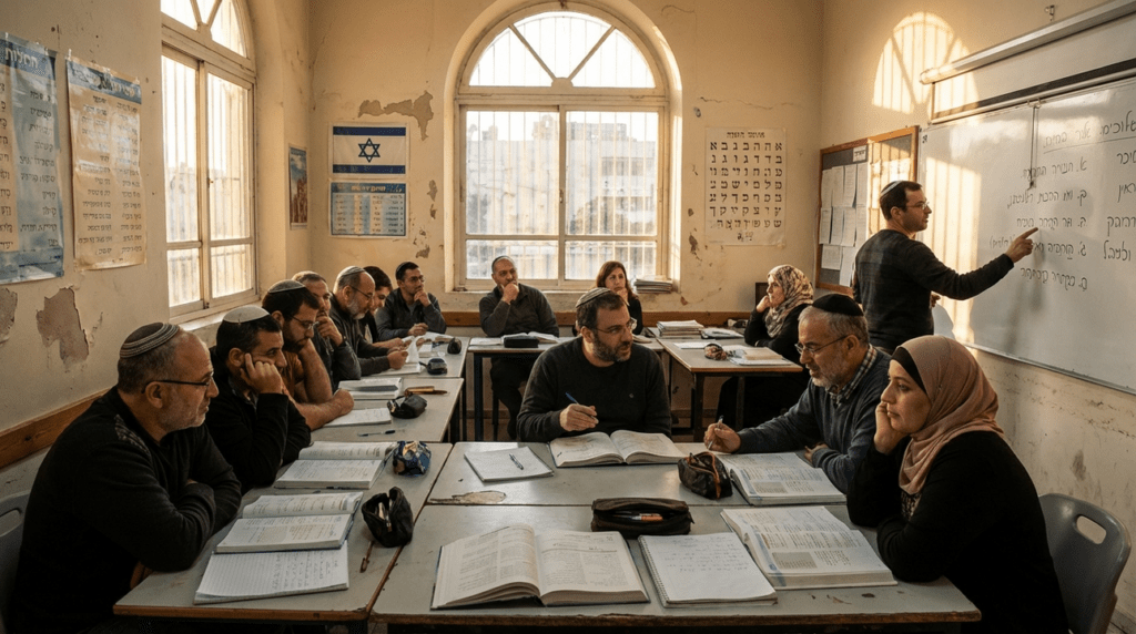 Diverse students study Hebrew in a sunlit classroom in Israel.