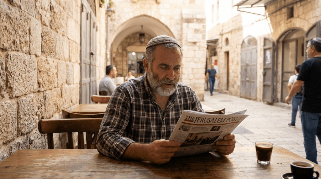 Middle-aged Israeli man reading The Jerusalem Post at a café in Jerusalem alley.