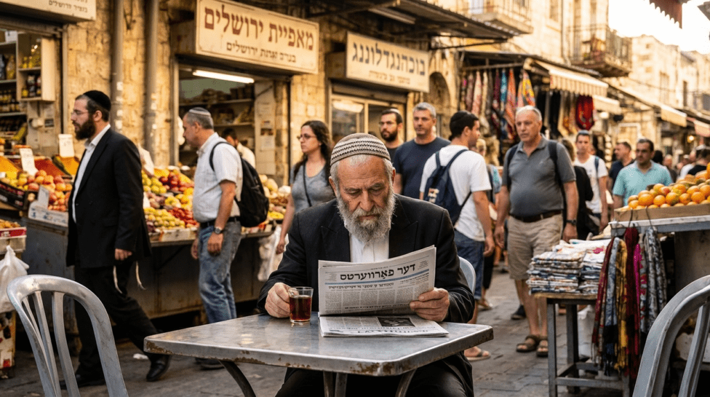 Elderly Jewish man reading newspaper at Israeli market cafe table.