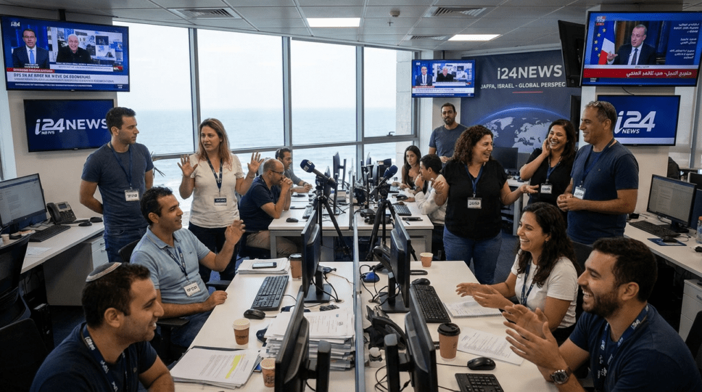 Diverse journalists interact in a modern, multilingual editorial office.