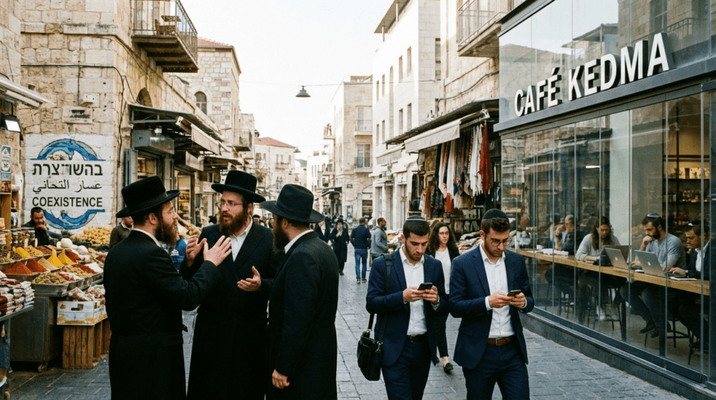 Jerusalem street scene with orthodox Jews, professionals, market, and cafe.