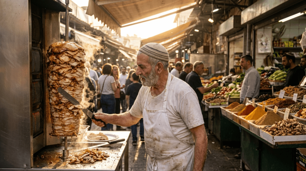 Elderly Israeli man slicing chicken shawarma in Jerusalem market.