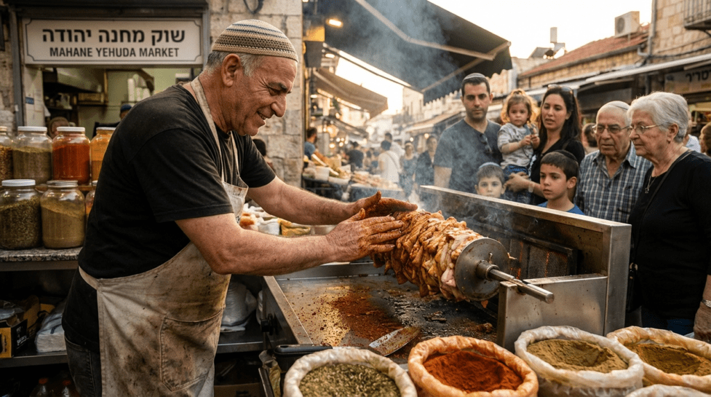 Chef in Jerusalem market preparing chicken shawarma at sunset.