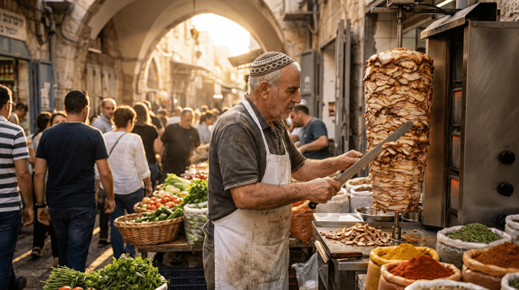 Chef slicing shawarma in a Jerusalem market kitchen.