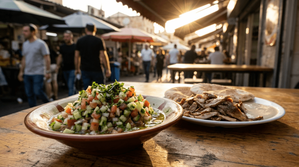 Israeli salad and shawarma on wooden table in outdoor market.
