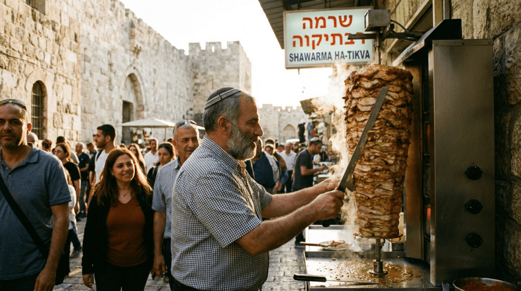 Street vendor in Jerusalem prepares shawarma in an alley at dusk.