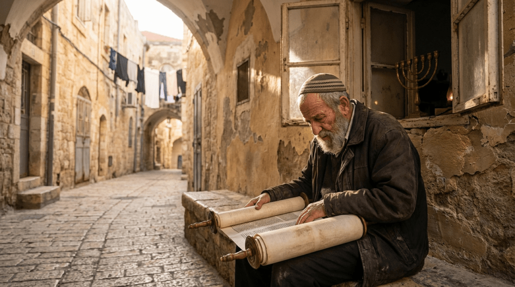 Elderly Jewish man reading Torah in a Jerusalem alley.