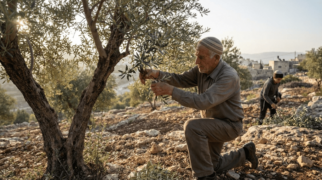 Elderly man in kippah tending olive trees near Jerusalem.