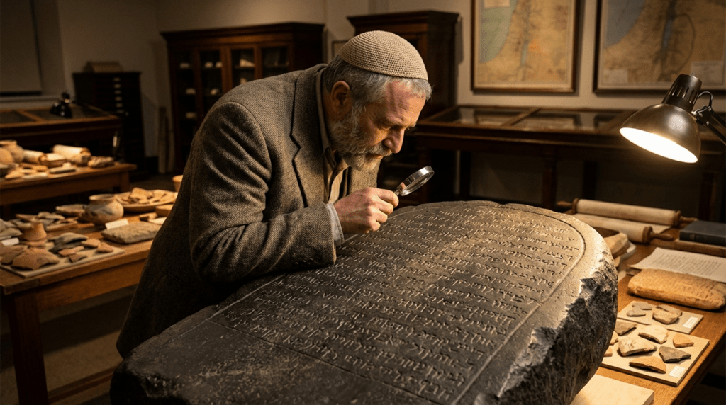 Scholar in kippah examines Moabite Stone in dim museum setting.