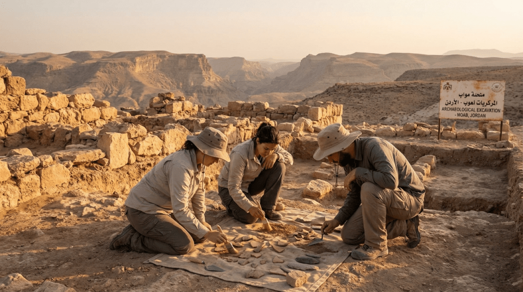 Archaeologists examining artifacts in Moab's desert ruins at sunrise.