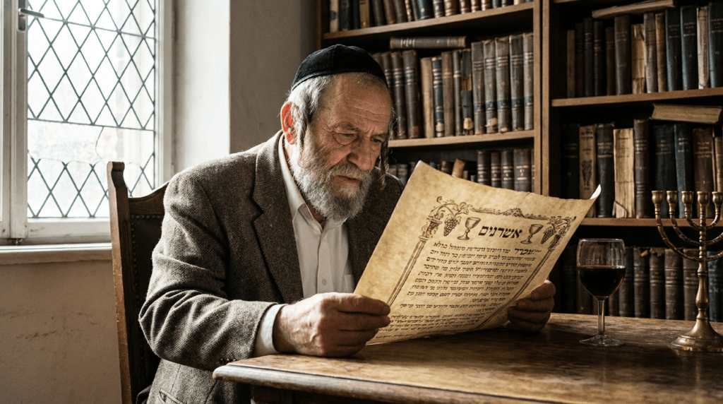 Elderly Jewish man reads ancient script in a rustic library.