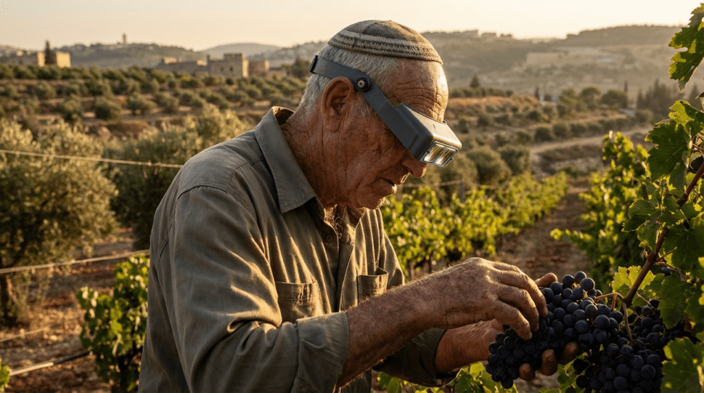 Elderly man inspects grapes in a sunlit Jerusalem vineyard.